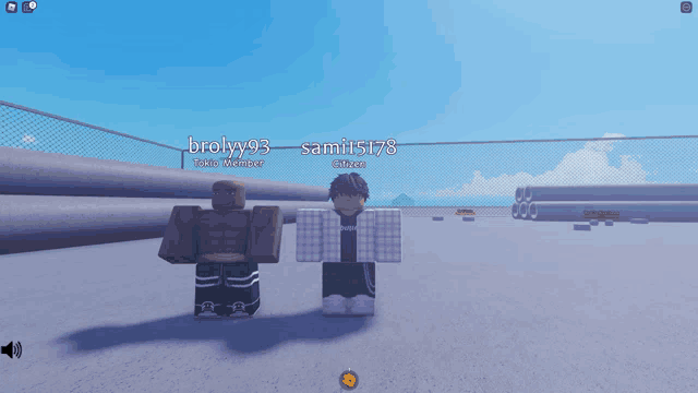 two roblox characters are standing next to each other and one of them has the name brolyy93 on it