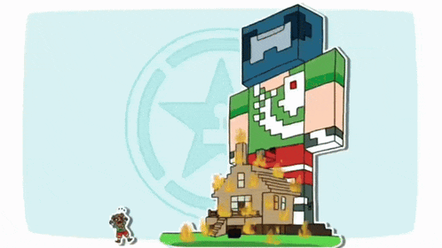 a cartoon drawing of a man with a h on his head standing next to a burning house