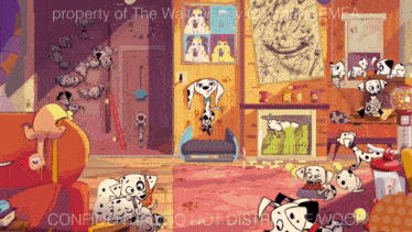 a cartoon of dalmatian dogs in a living room with the words " property of the walt disney company "