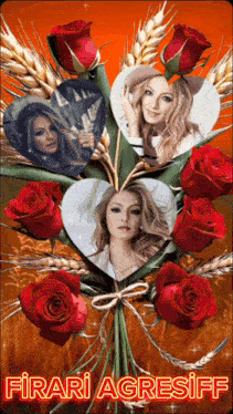 a bouquet of red roses and wheat has a picture of a woman in the middle