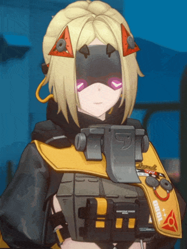 a girl wearing a mask and a vest that says aol on it
