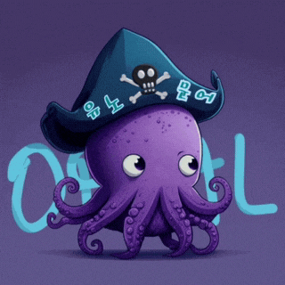 a purple octopus wearing a pirate hat with skull and crossbones