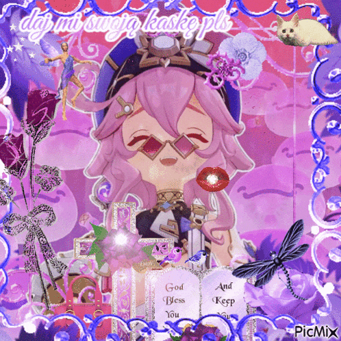 a picture of a girl with pink hair and the words god bless you on it