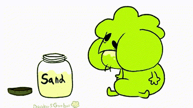a cartoon drawing of a frog and a jar of sand