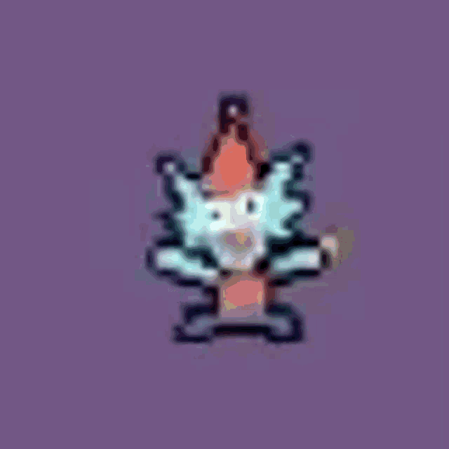 a pixel art of a cartoon character wearing a hat and holding a sword on a purple background .