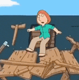 a cartoon character is sitting on a raft in the middle of the ocean .