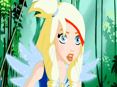 a cartoon fairy with blonde hair and blue wings looks surprised