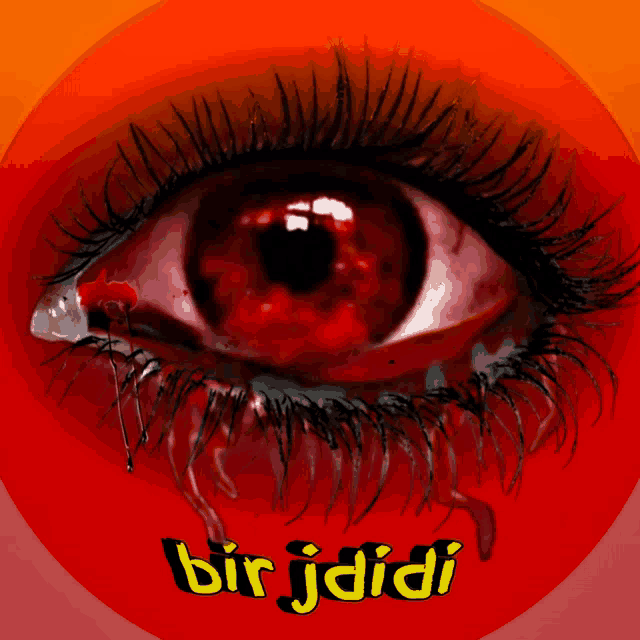 a picture of a bloody eye with the words bir jdidi on the bottom