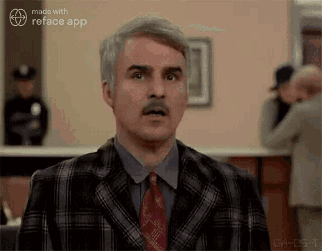 a man in a plaid suit with a red tie is made with the reface app