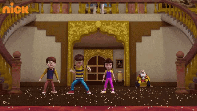 a group of cartoon characters are standing in front of a building that says nick on the bottom