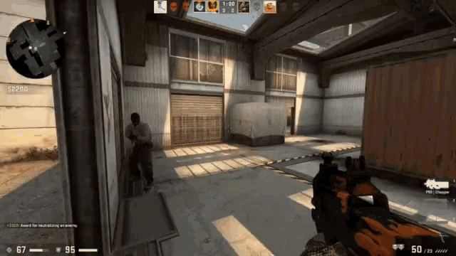 a screenshot of a video game with a man holding a gun and a scoreboard that says $ 2,200