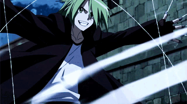 a cartoon character with green hair is smiling and holding a string