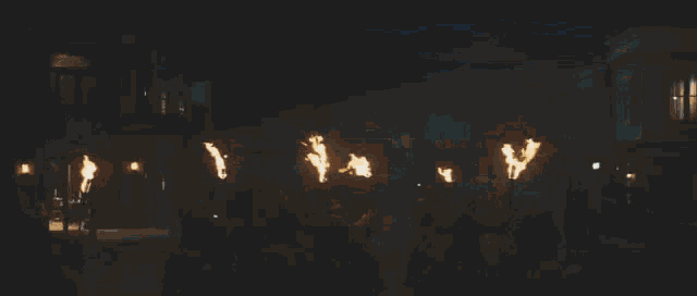 a group of people are standing in front of a large fire .