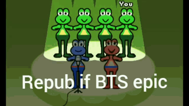a group of frogs standing on a stage with the words repub if bts epic