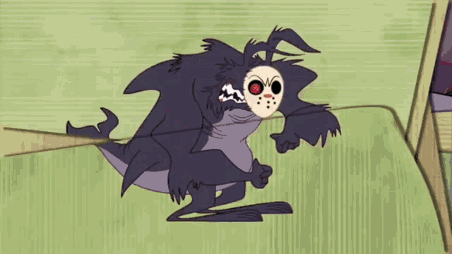 a cartoon opossum is standing on a green carpet next to a piece of wood .