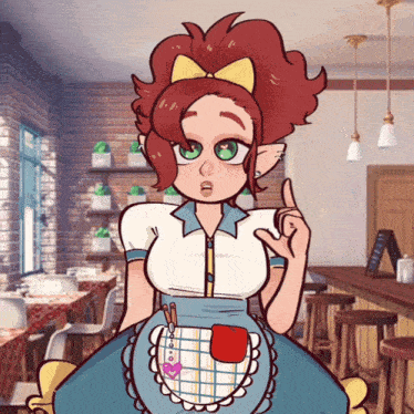 a cartoon drawing of a waitress giving a warning sign