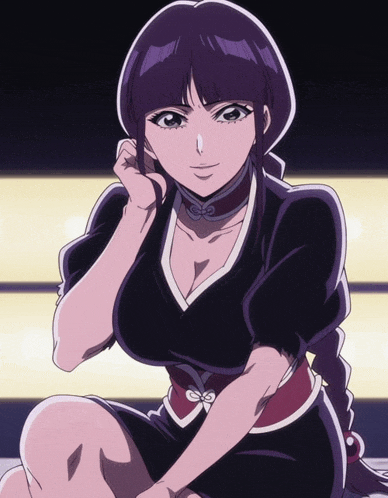 a girl with purple hair and a black dress is sitting down