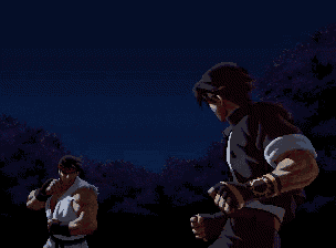 a pixel art of two men fighting with one holding a fireball