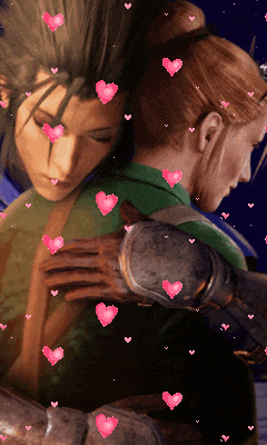 a couple of cartoon characters hugging with pink hearts surrounding them