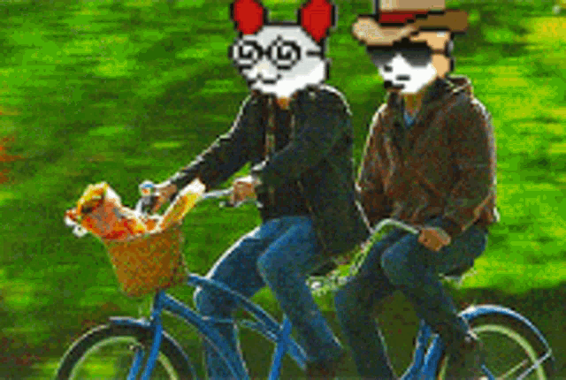 two men are riding a tandem bicycle with a basket on the front