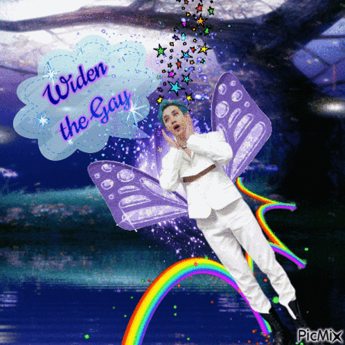 a picture of a man with butterfly wings and the words widen the gay above him
