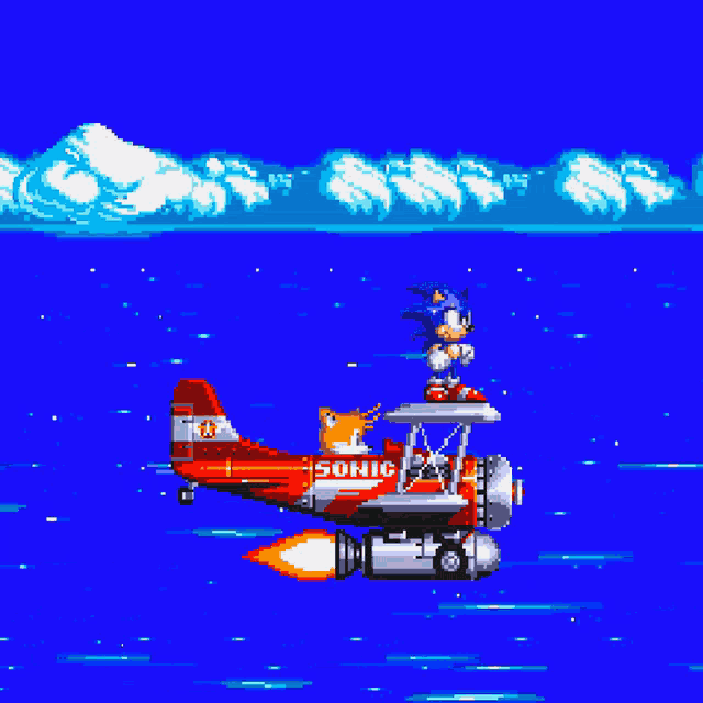 sonic the hedgehog and tails are flying in a red airplane that says sonic on the side