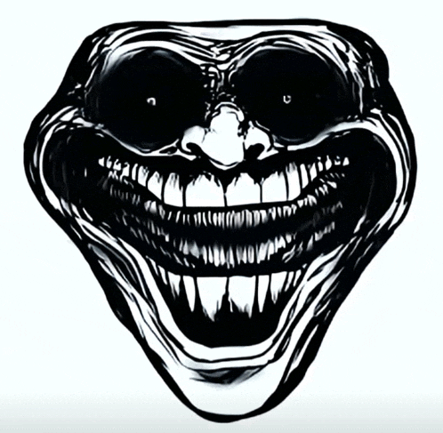 a black and white drawing of a creepy face with a big smile