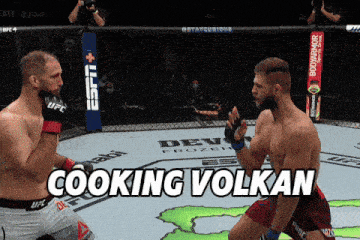 two men are fighting in a cage with the words cooking volkan written on the bottom