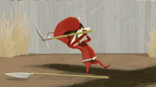 a close up of a cartoon character with a red mask on