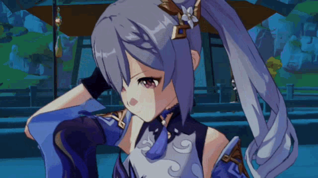 a purple haired anime character with a flower on her head