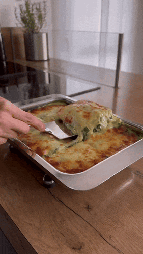 a person taking a piece of lasagna out of a pan with a spatula