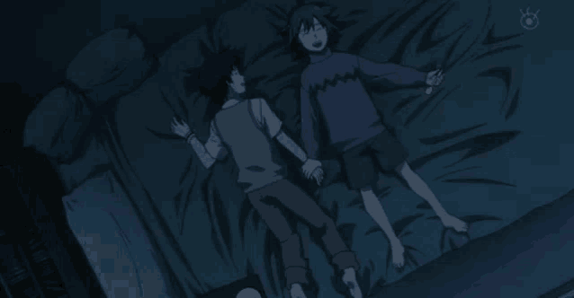 two cartoon characters laying on a bed with a crown on the bottom right