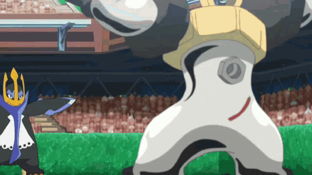 a cartoon of a penguin with a crown standing next to a giant robot