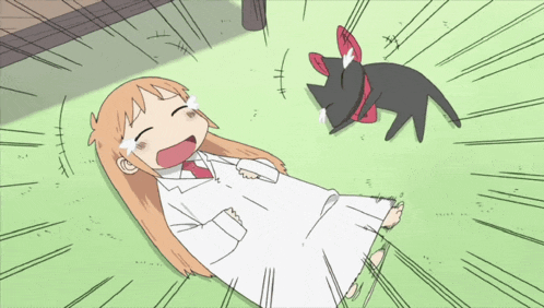 a cartoon of a girl laying on the ground with a black cat nearby