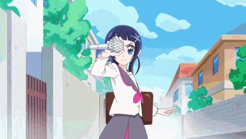 a girl in a school uniform is holding a microphone in front of her face