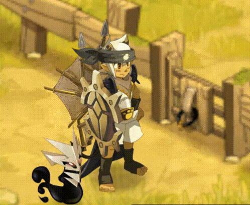 a cartoon character with a sword and shield is standing in a field