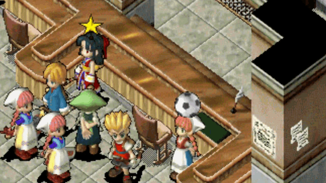 a group of cartoon characters standing around a bar with a star on top of one of them