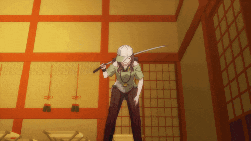 a man in a white hat is holding a sword in his hand