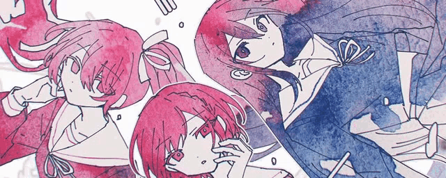 a drawing of a girl with red hair and a blue shirt