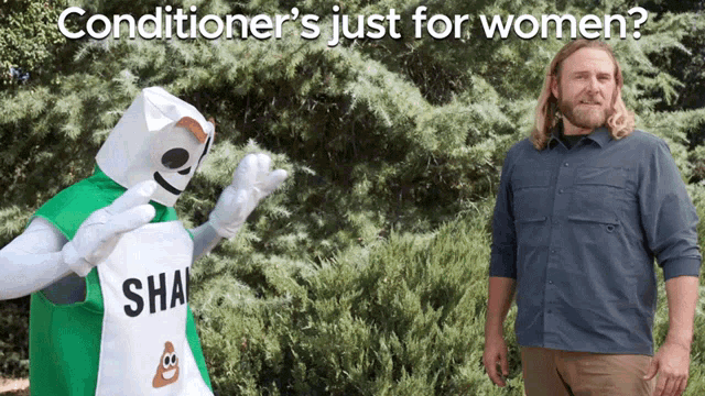 a man stands next to a conditioner mascot