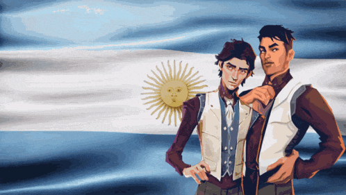 two men standing in front of a flag with the sun on it