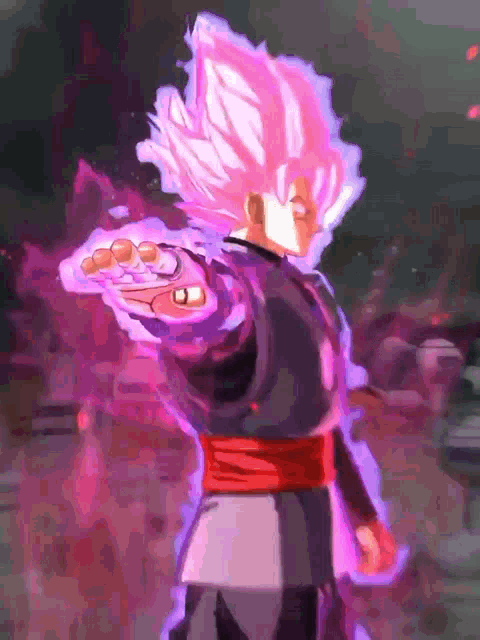 a cartoon character with pink hair and a red belt is holding something in his hand