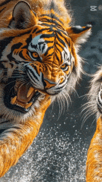 a painting of two tigers with their mouths wide open