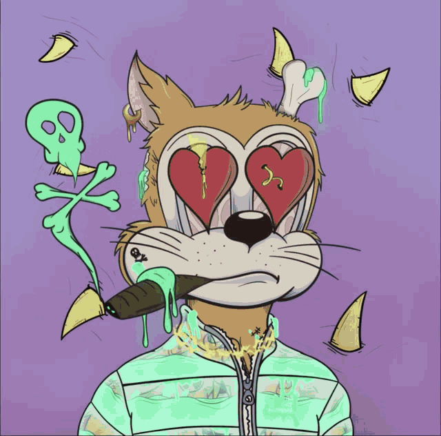 a cartoon drawing of a cat with a heart shaped eye