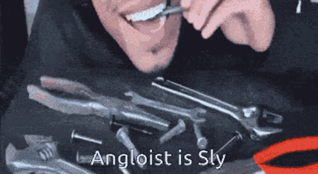 a man is brushing his teeth with a toothbrush and the words " angloist is sly " are visible