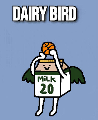 a cartoon of a milk carton holding a basketball and the words dairy bird above it