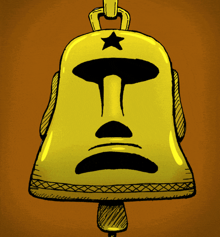 a drawing of a bell with a face and a star on top