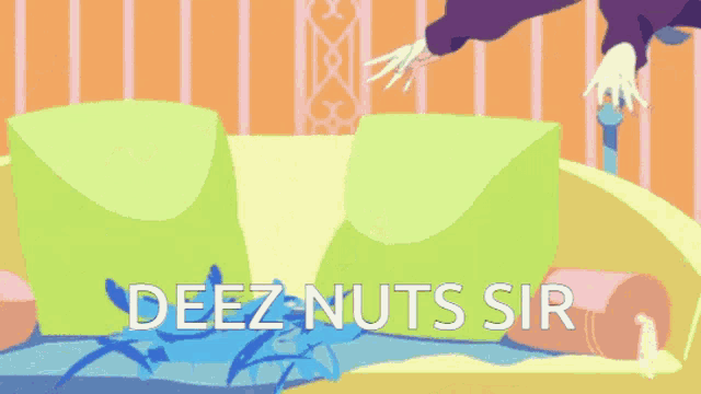 a cartoon of a girl laying on a couch with the words deez nuts sir written on the bottom