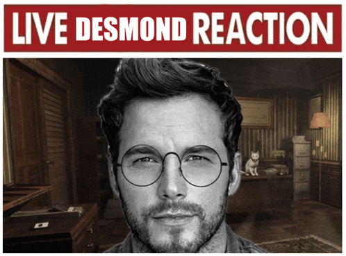 a black and white photo of a man with glasses and the words live desmond reaction behind him