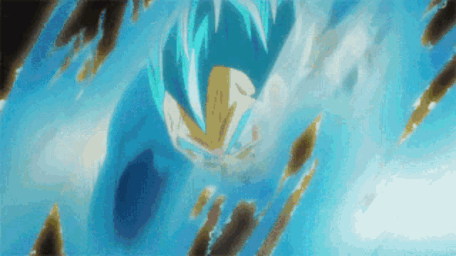 a cartoon character with blue hair is flying through the air